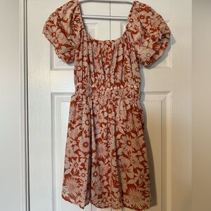 Floral Puff Sleeve Dress in Burnt Orange and Cream